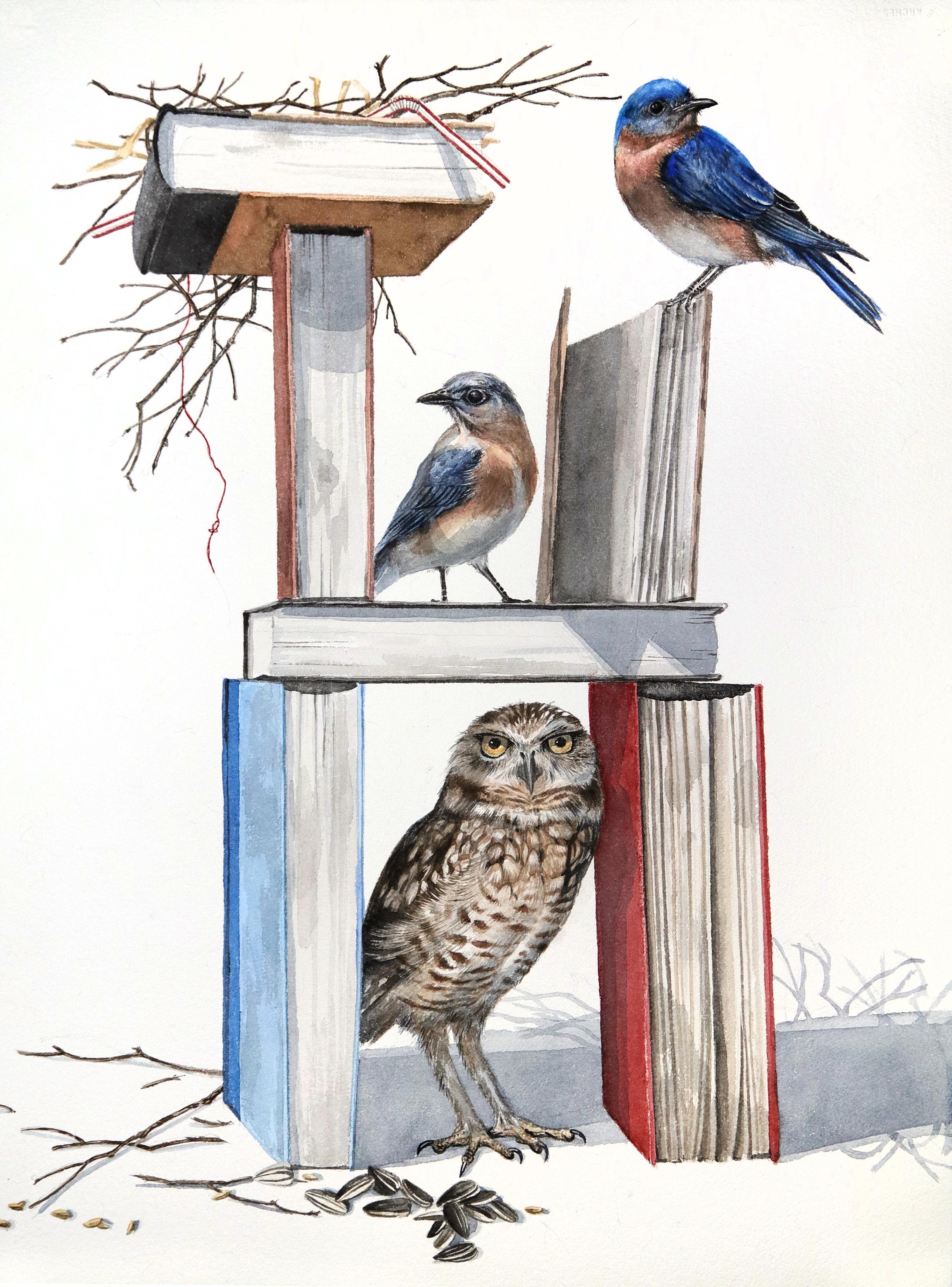 Thomas Broadbent Animal Painting - "Book Burrow",  contemporary watercolor on paper
