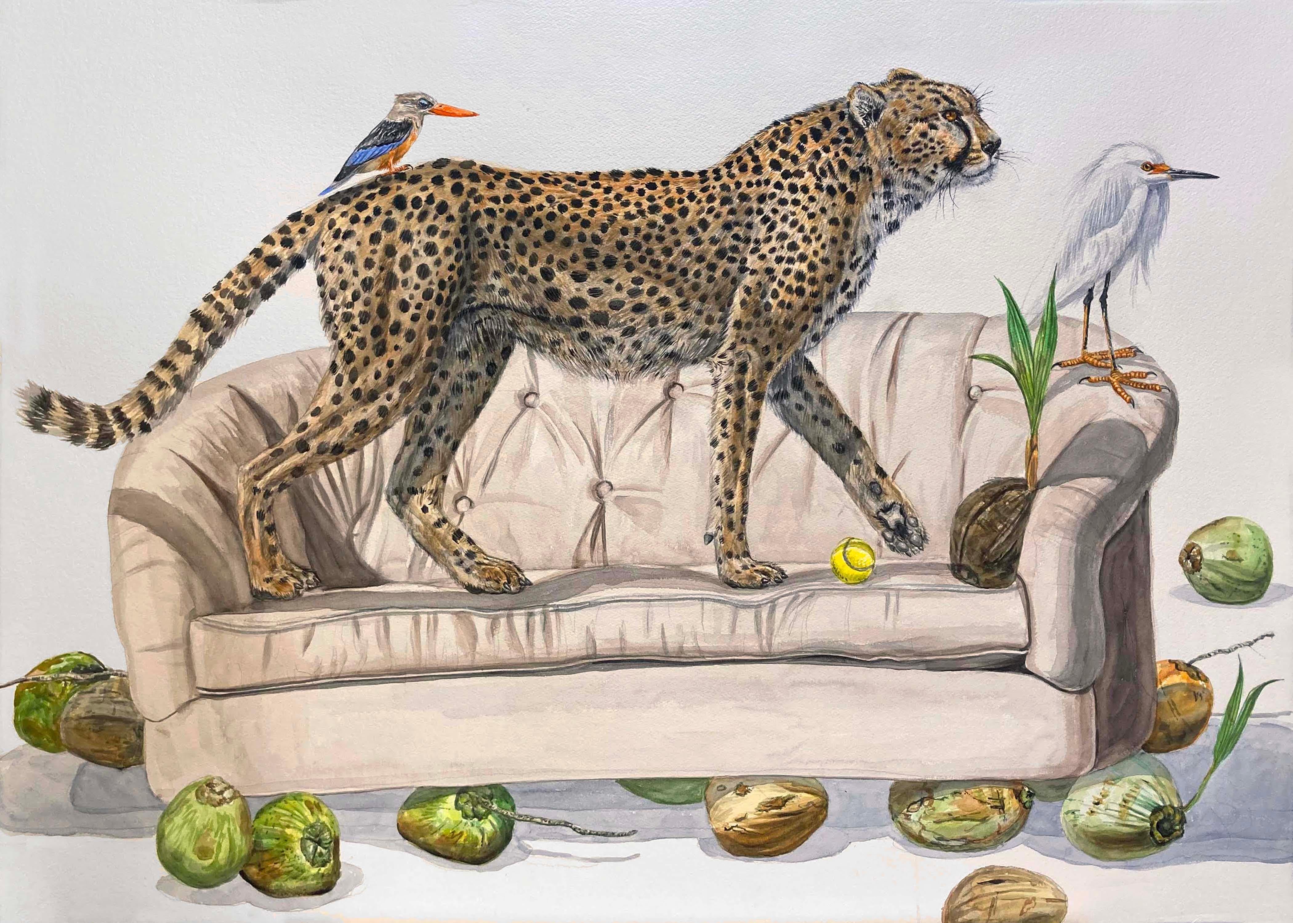 Thomas Broadbent Animal Painting - "Cheetah with Tennis Ball " contemporary surrealist painting (birds, coconuts)