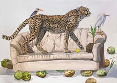 "Cheetah with Tennis Ball " contemporary surrealist painting (birds, coconuts)
