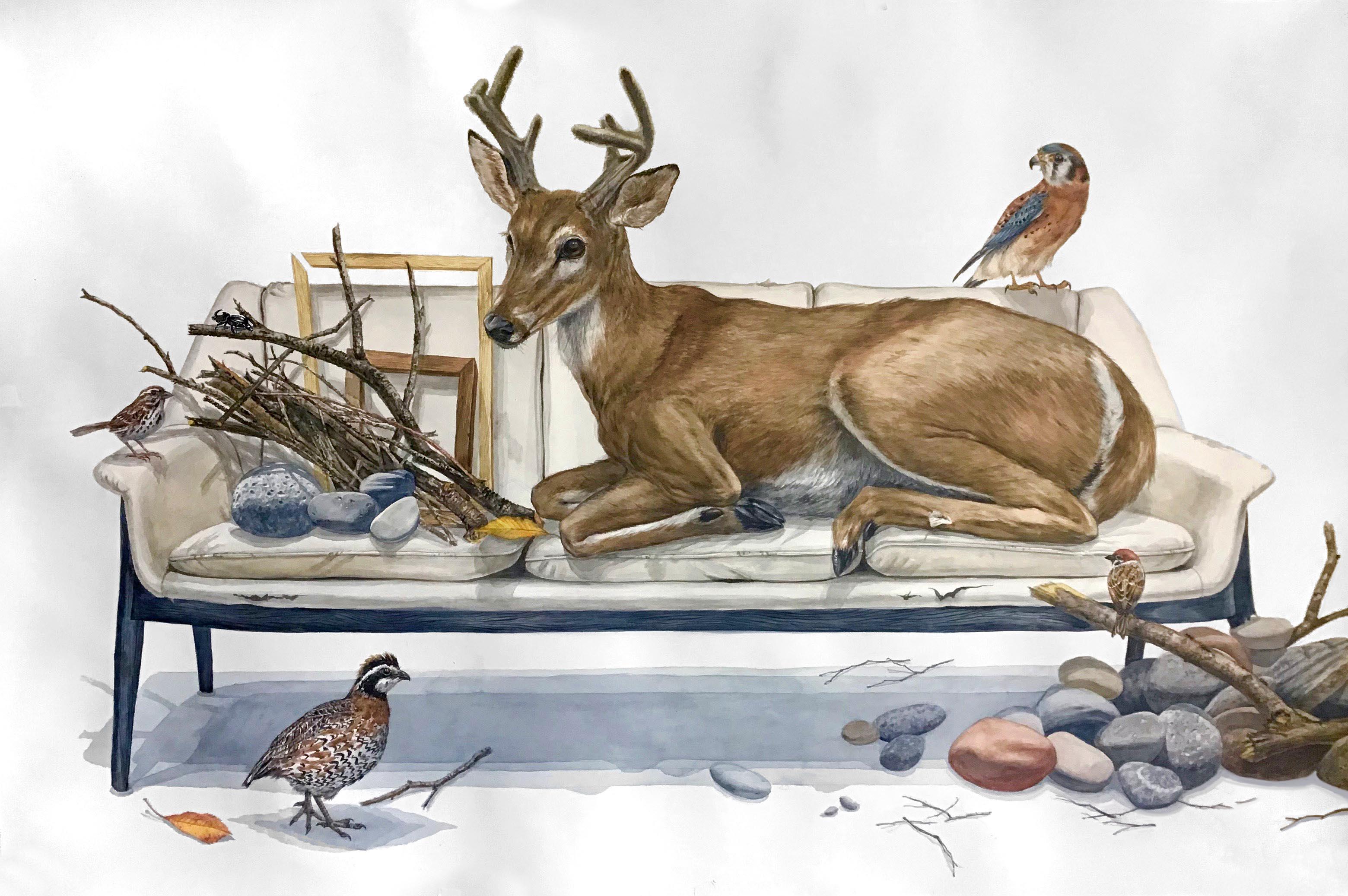 Large Scale Watercolor “Close to the Stream” forest animals: deer, quail, falcon
