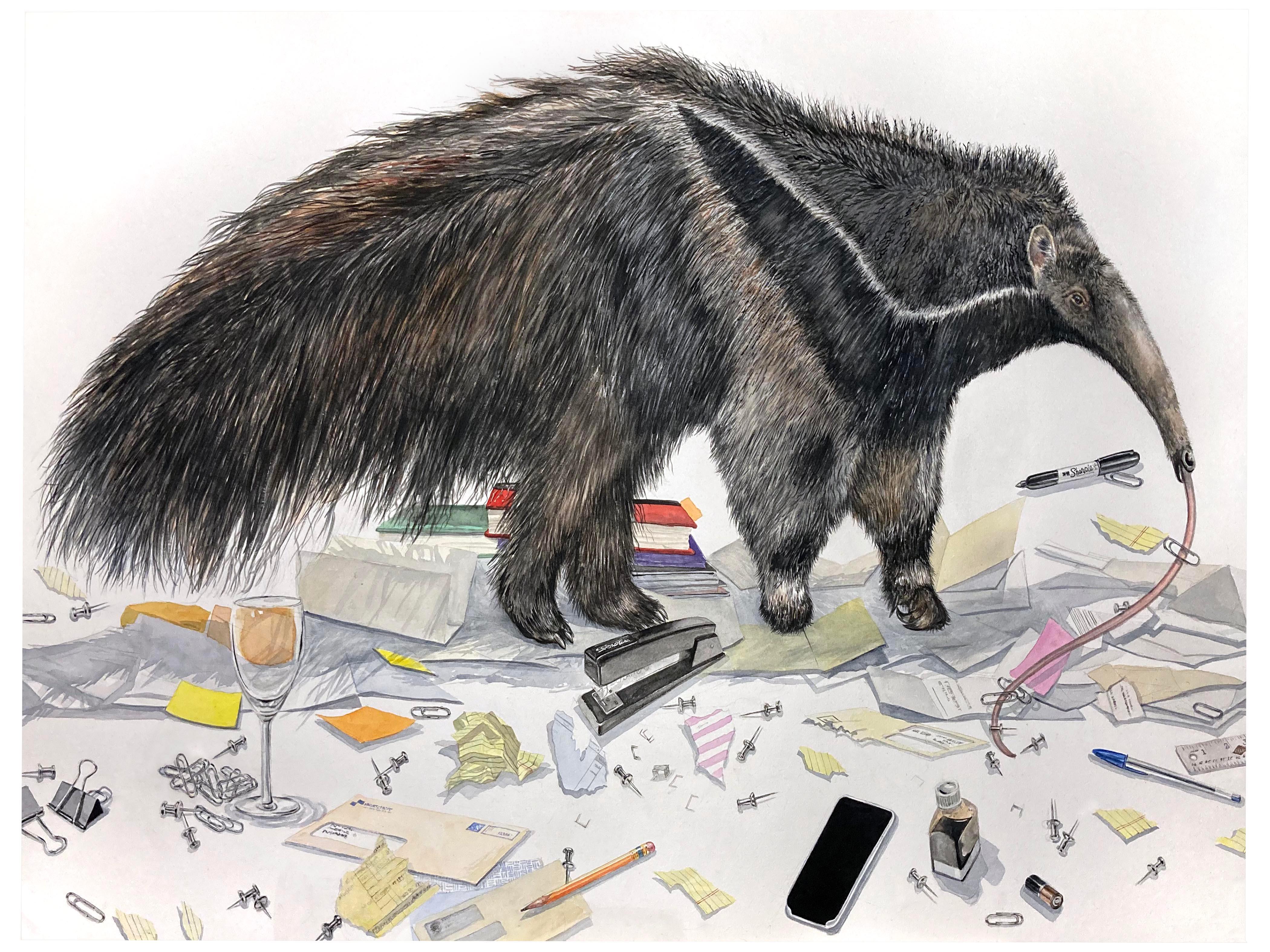 "Domestic Forager" large scale contemporary surrealist watercolor of anteater