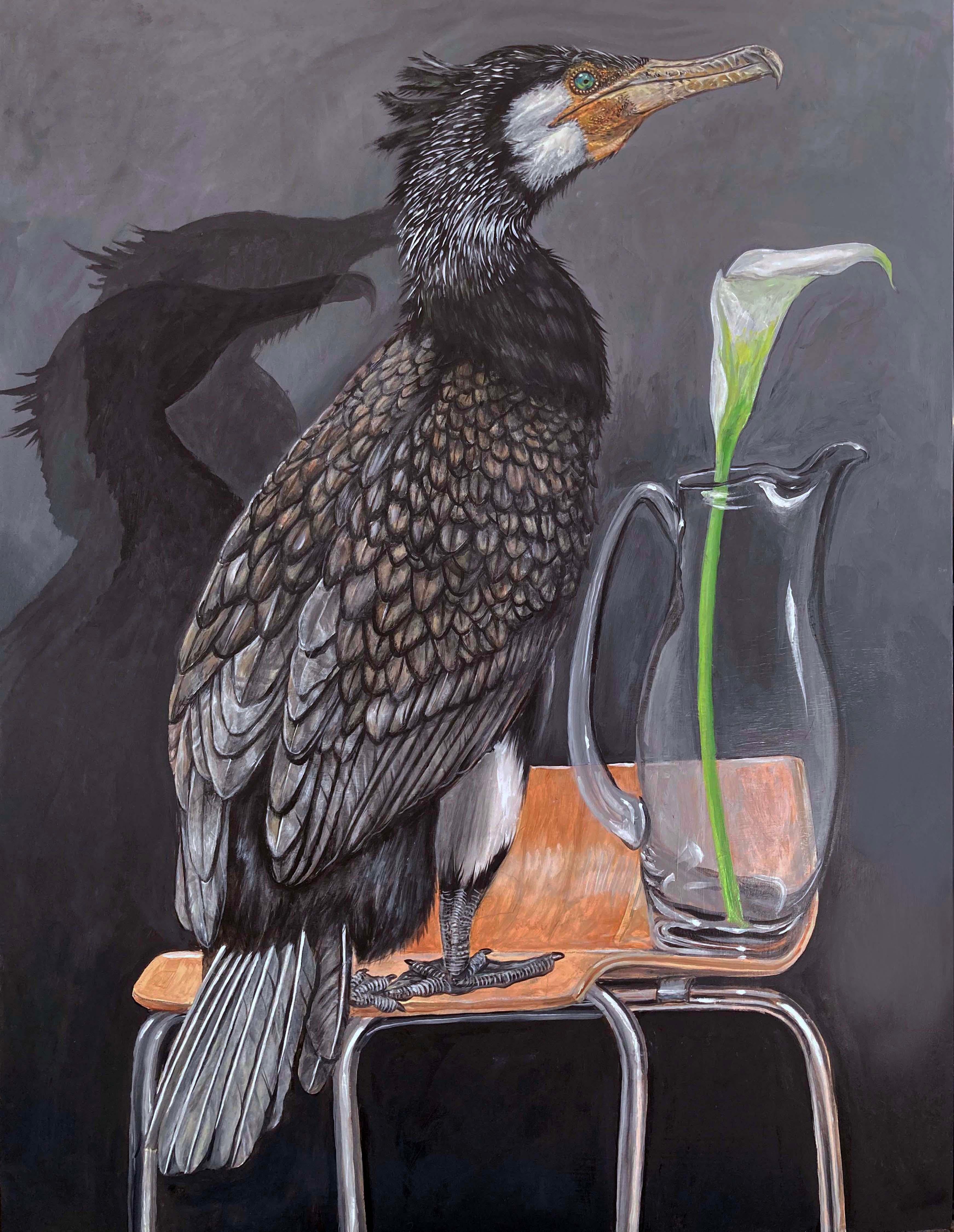 "Great Cormorant on Chair" peinture à l'huile contemporaine surréaliste animalière, lil d'oiseau.