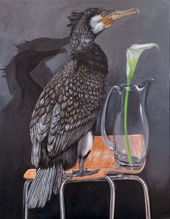 "Great Cormorant on Chair" contemporary surrealist animal oil painting