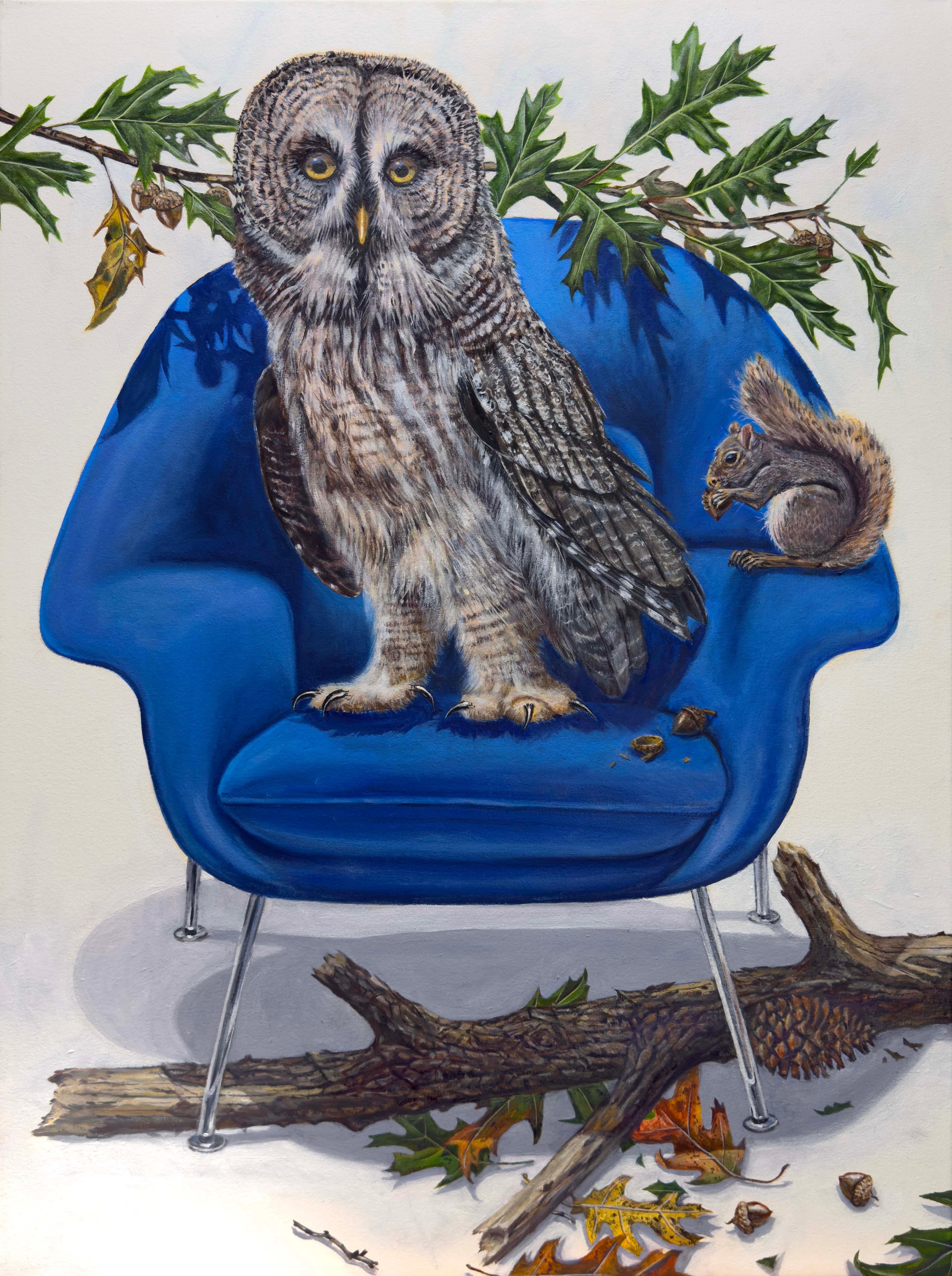 "Great Grey Owl on Womb Chair" large scale contemporary surrealist oil painting