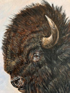 "Home on the Range" contemporary surrealist oil painting, bison, birds, chaise