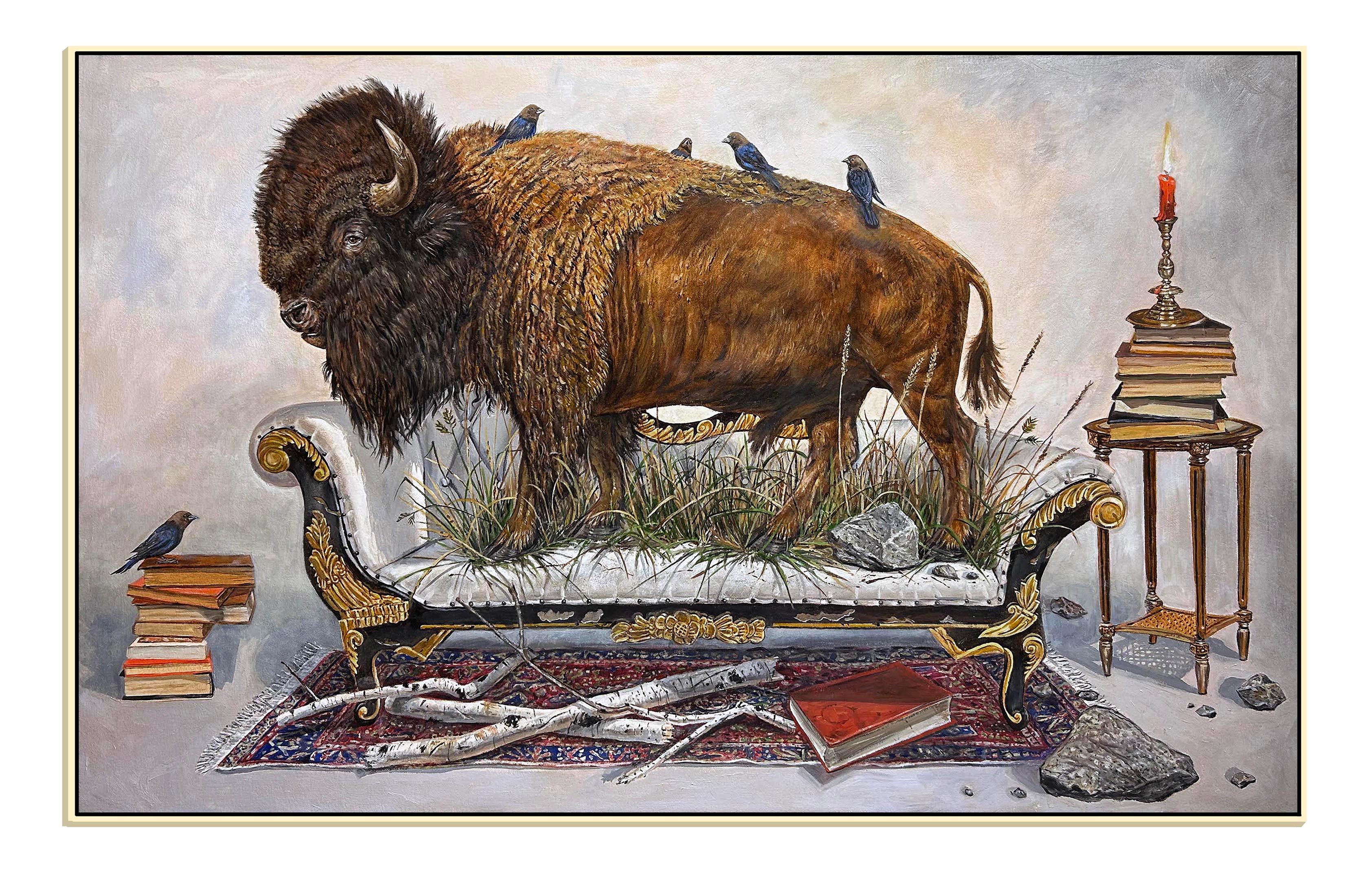 "Home on the Range" dipinto a olio surrealista contemporaneo, bisonti, uccelli, chaise