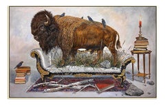 "Home on the Range" contemporary surrealist oil painting, bison, birds, chaise
