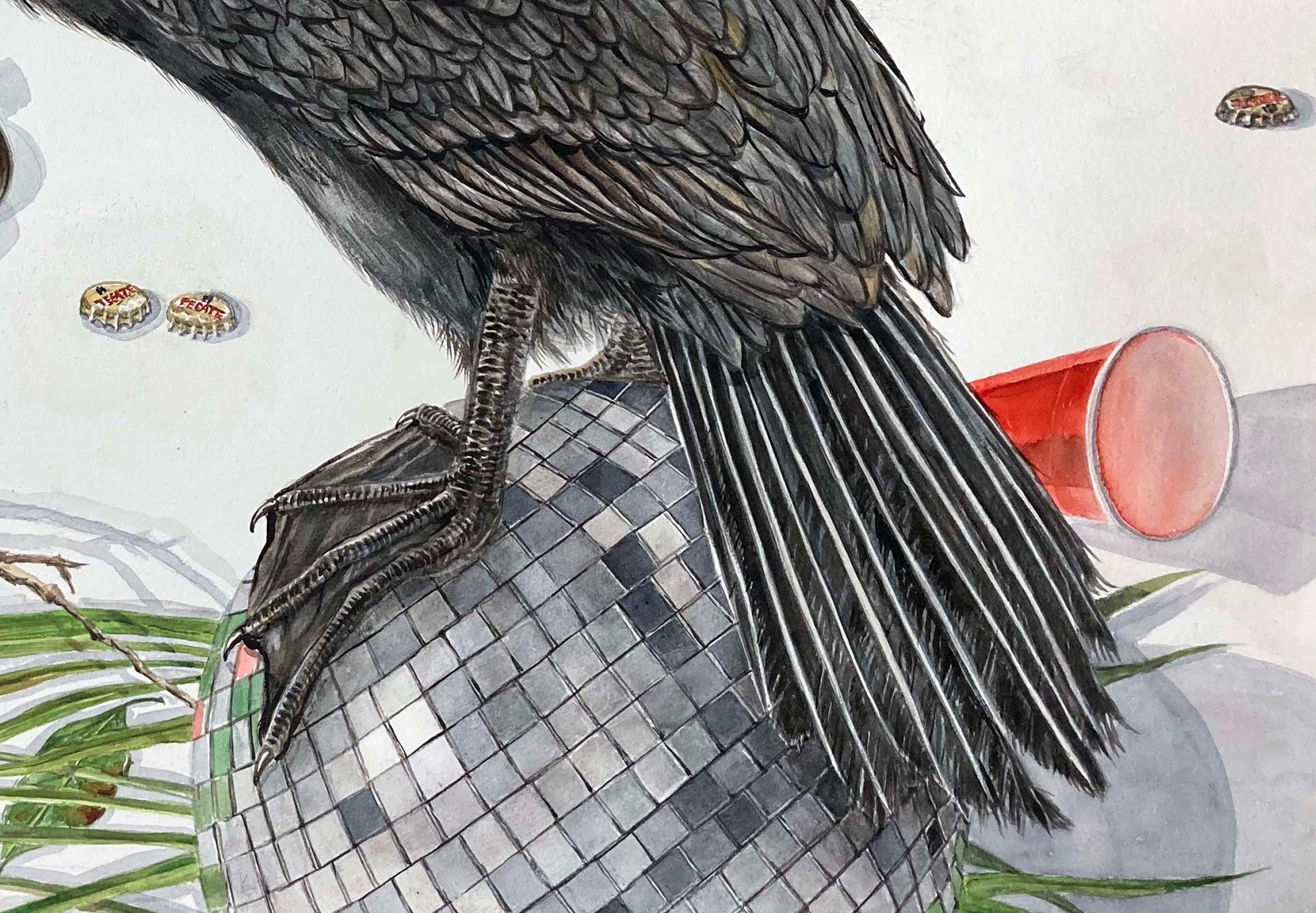 Late to the Party, Contemporary Surrealist Painting (blue eyed cormorant, disco) - Gray Animal Painting by Thomas Broadbent