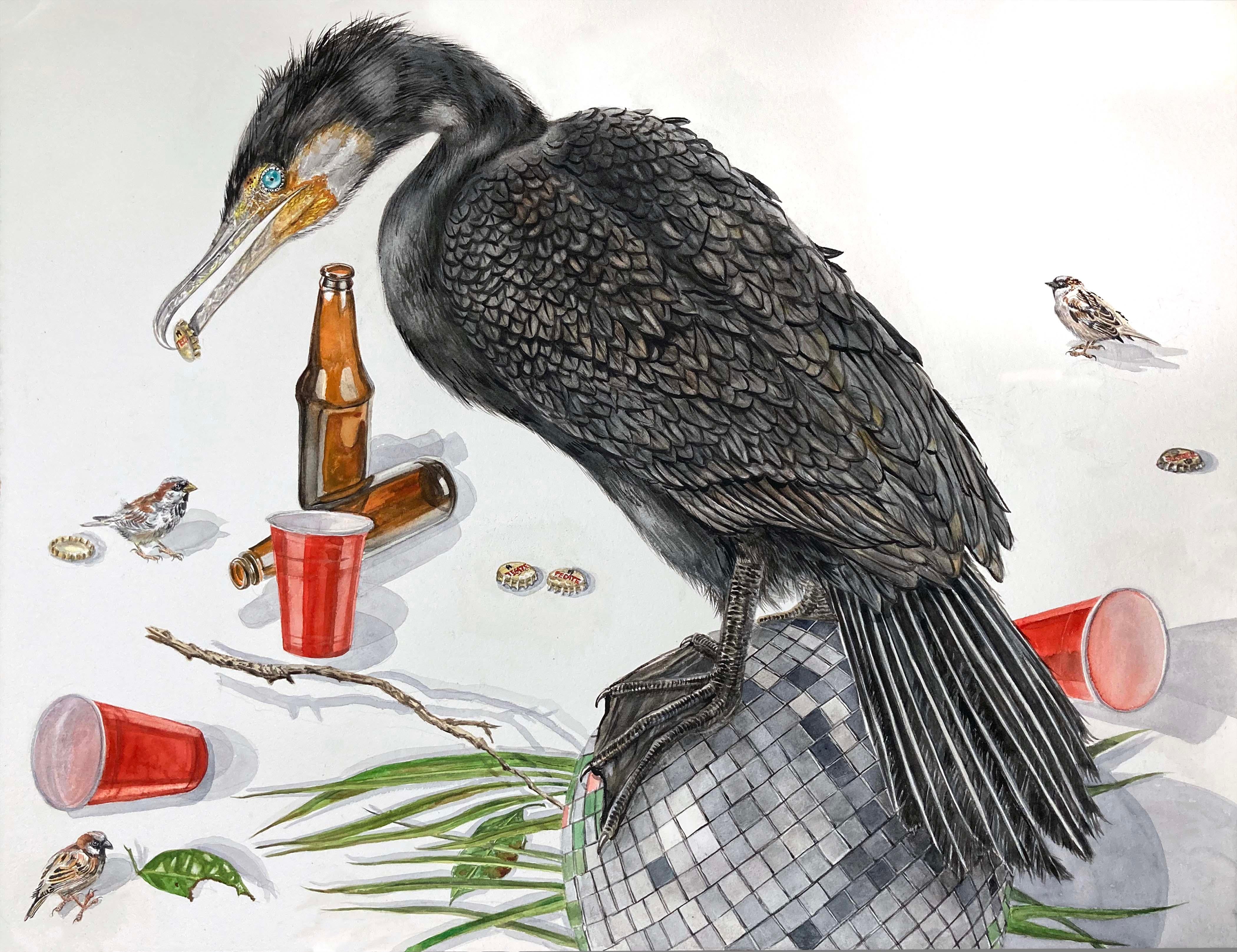 Thomas Broadbent Animal Painting - Late to the Party, Contemporary Surrealist Painting (blue eyed cormorant, disco)