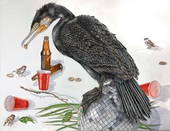 Late to the Party, Contemporary Surrealist Painting (blue eyed cormorant, disco)