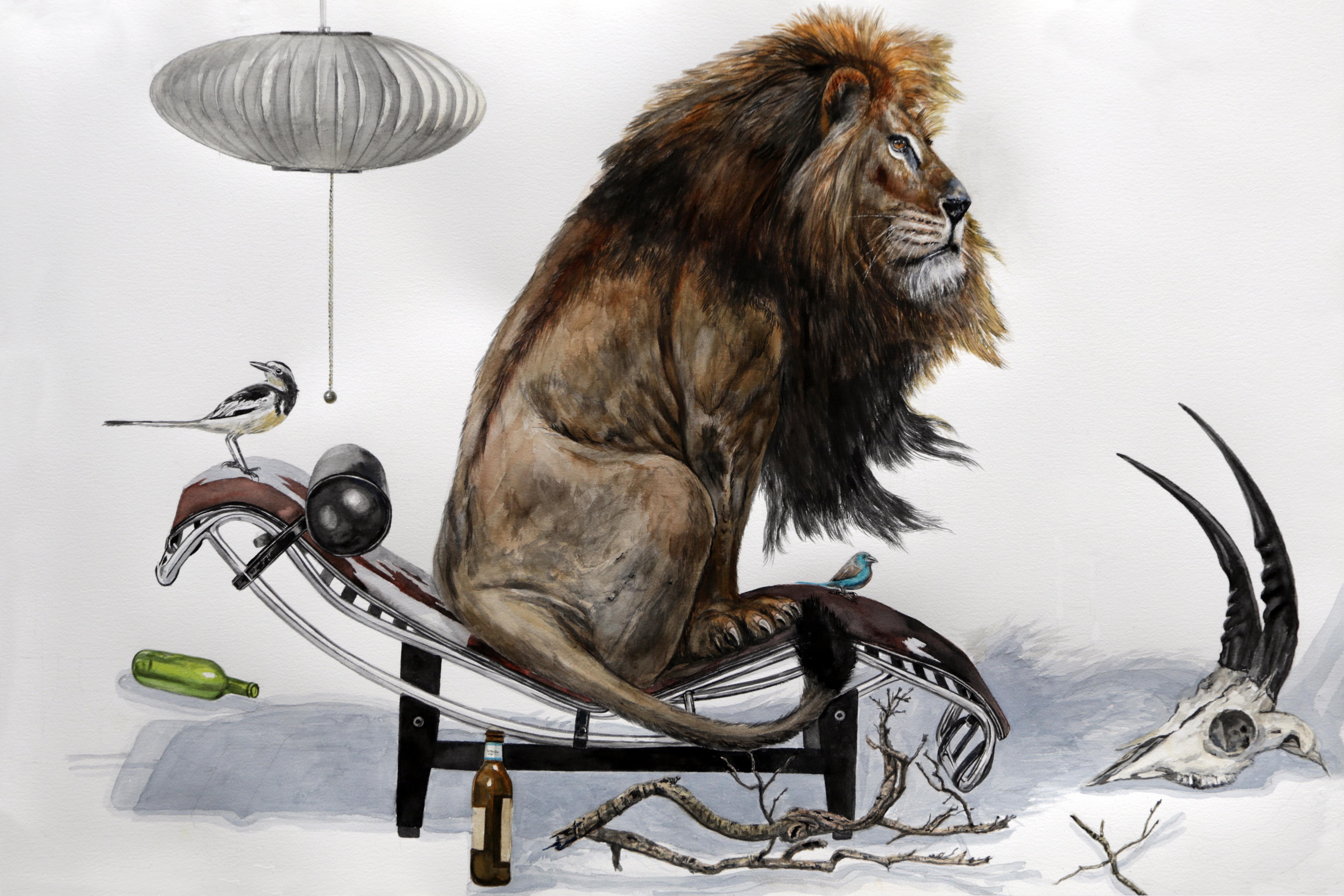 Thomas Broadbent Animal Painting - "Lion on Le Corbusier Lounge" large scale contemporary surrealist watercolor 