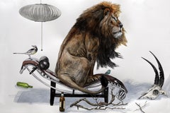 "Lion on Le Corbusier Lounge" large scale contemporary surrealist watercolor 