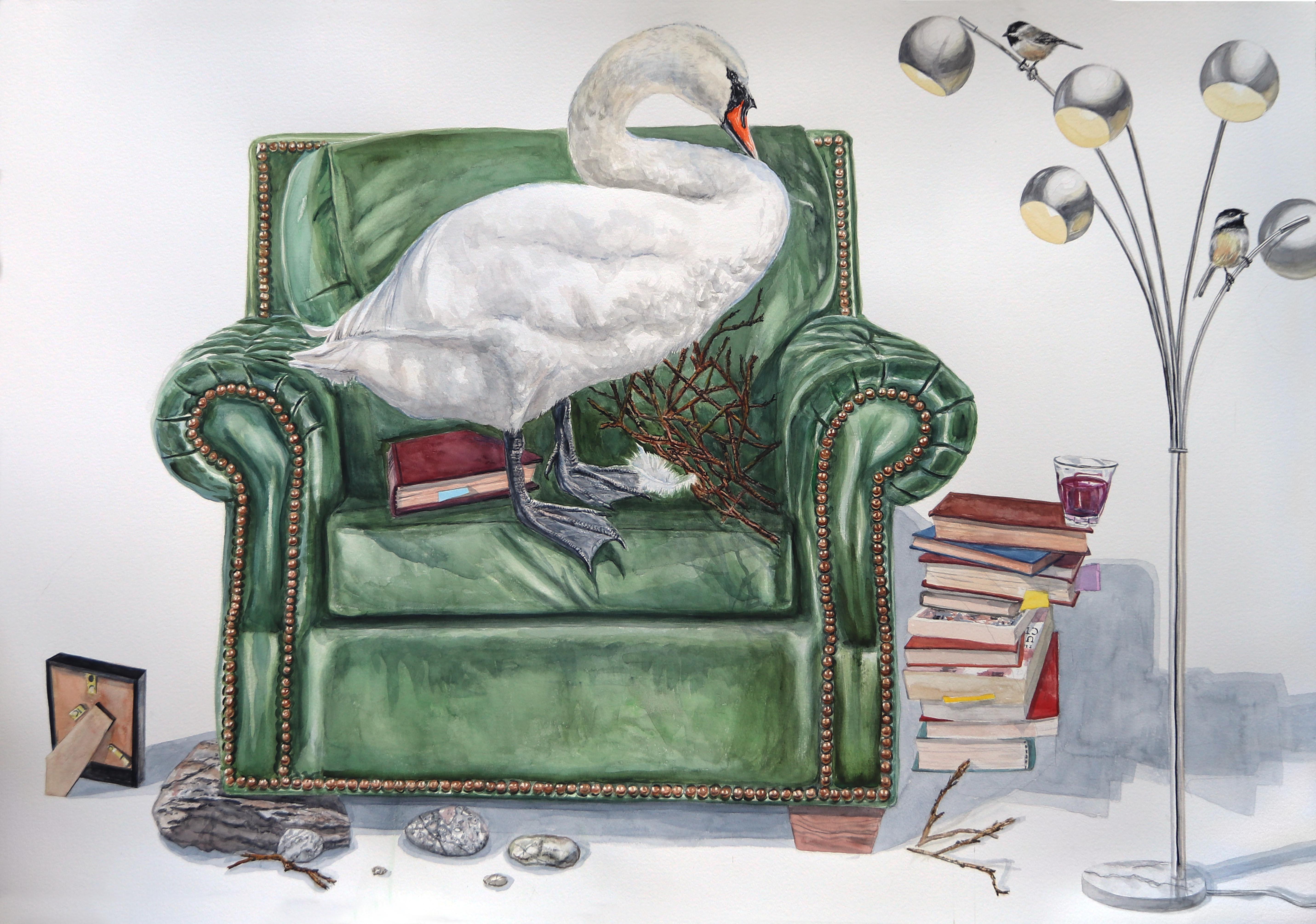 "Nesting Swan" Contemporary Surrealist, Large scale Watercolor painting 