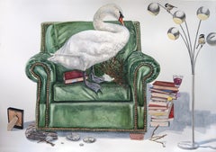 "Nesting Swan" Contemporary Surrealist, Large scale Watercolor painting