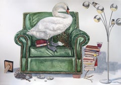 « Nesting Swan », peinture à l'aquarelle contemporaine surréaliste à grande échelle 