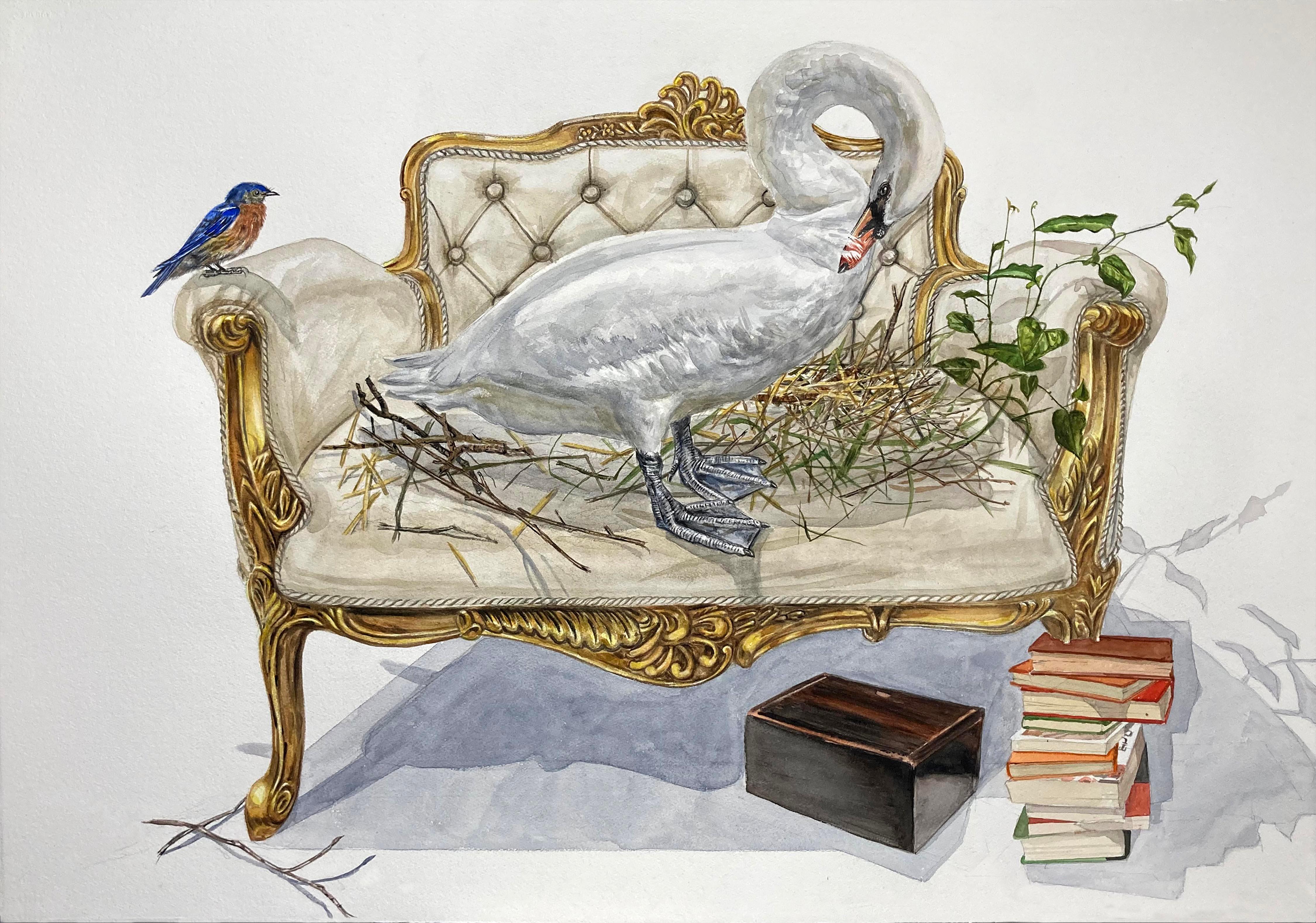 "Nestbau" zeitgenössisches surrealistisches Gemälde, Schwan, französisches Setee, Blauvogel