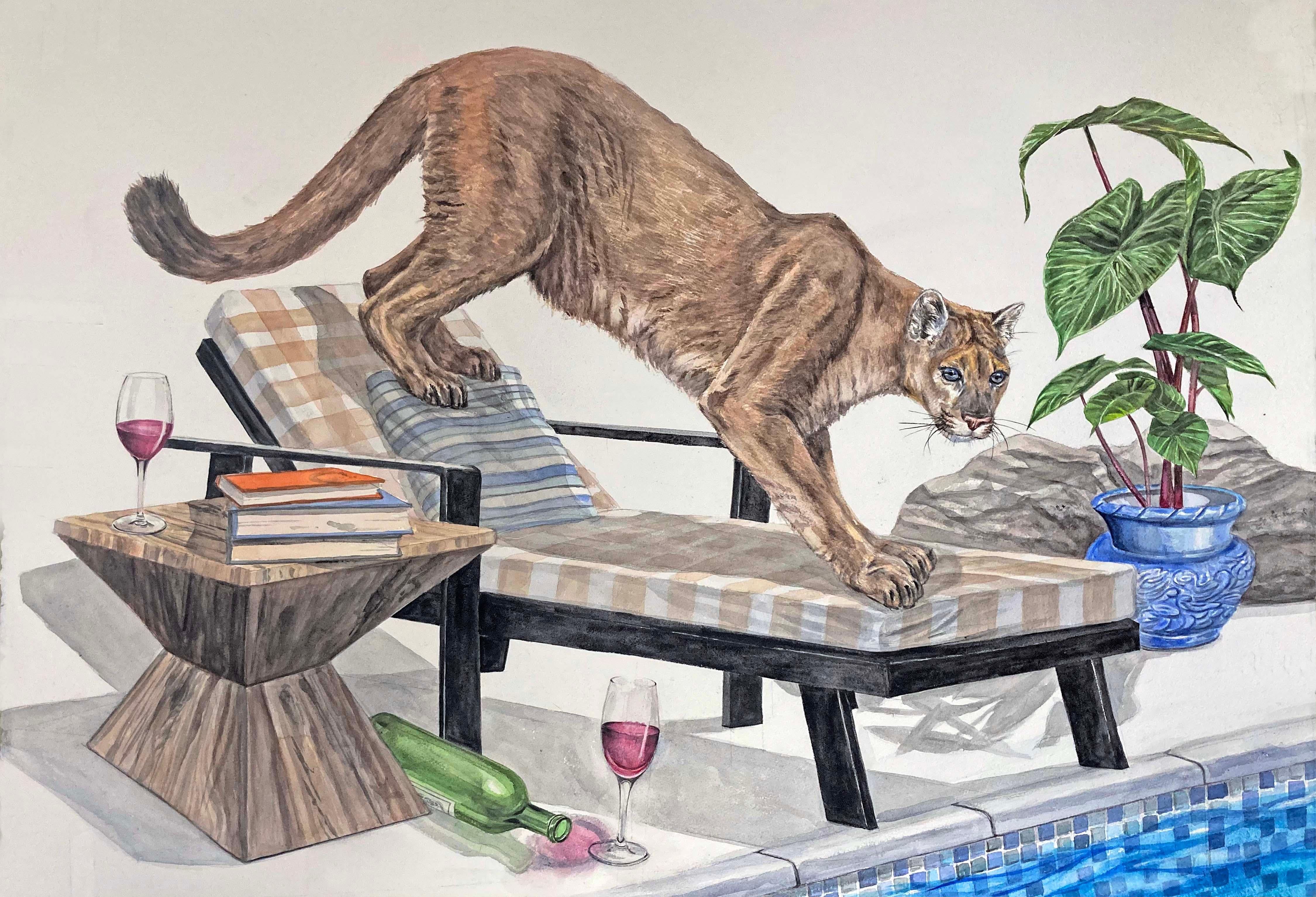 "The Visit" Cougar at Poolside, Contemporary Surrealist Painting