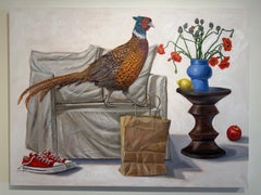 "Pheasant on Ghost Chair" with red poppies in blue vase large scale oil painting