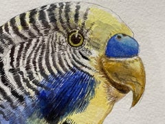 "Playtime" blue parakeet, wooden spindle bench, contemporary surrealist painting