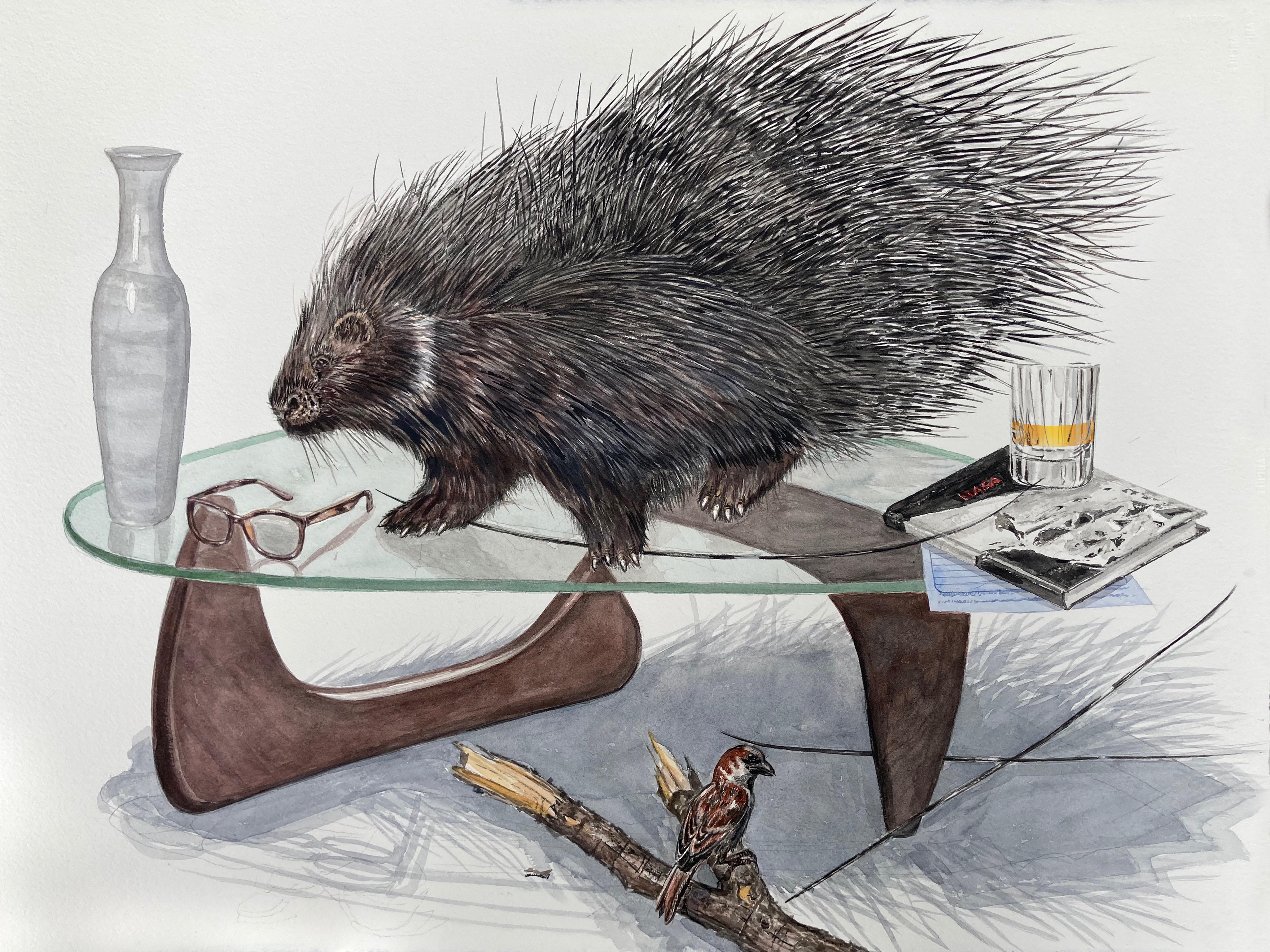 "Quills" Contemporary Surrealist painting (porcupine, mid-century modern table)