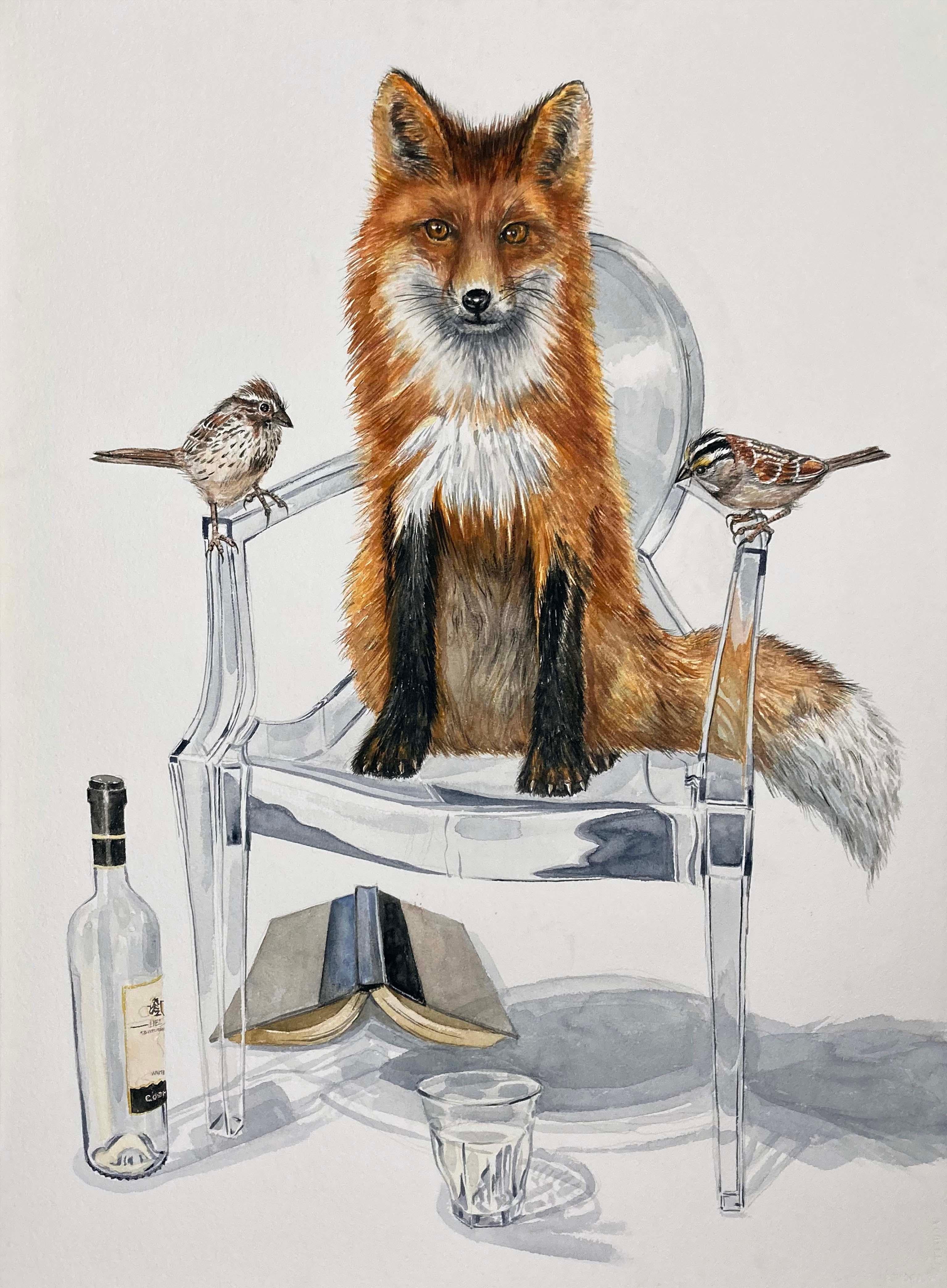 "Red Fox and Two Birds" Contemporary Surrealist Painting (modernist design)