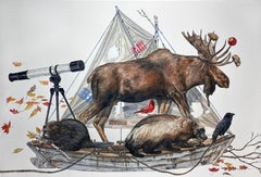 "Refugees" contemporary surrealist painting moose, wolverine, beaver on sailboat