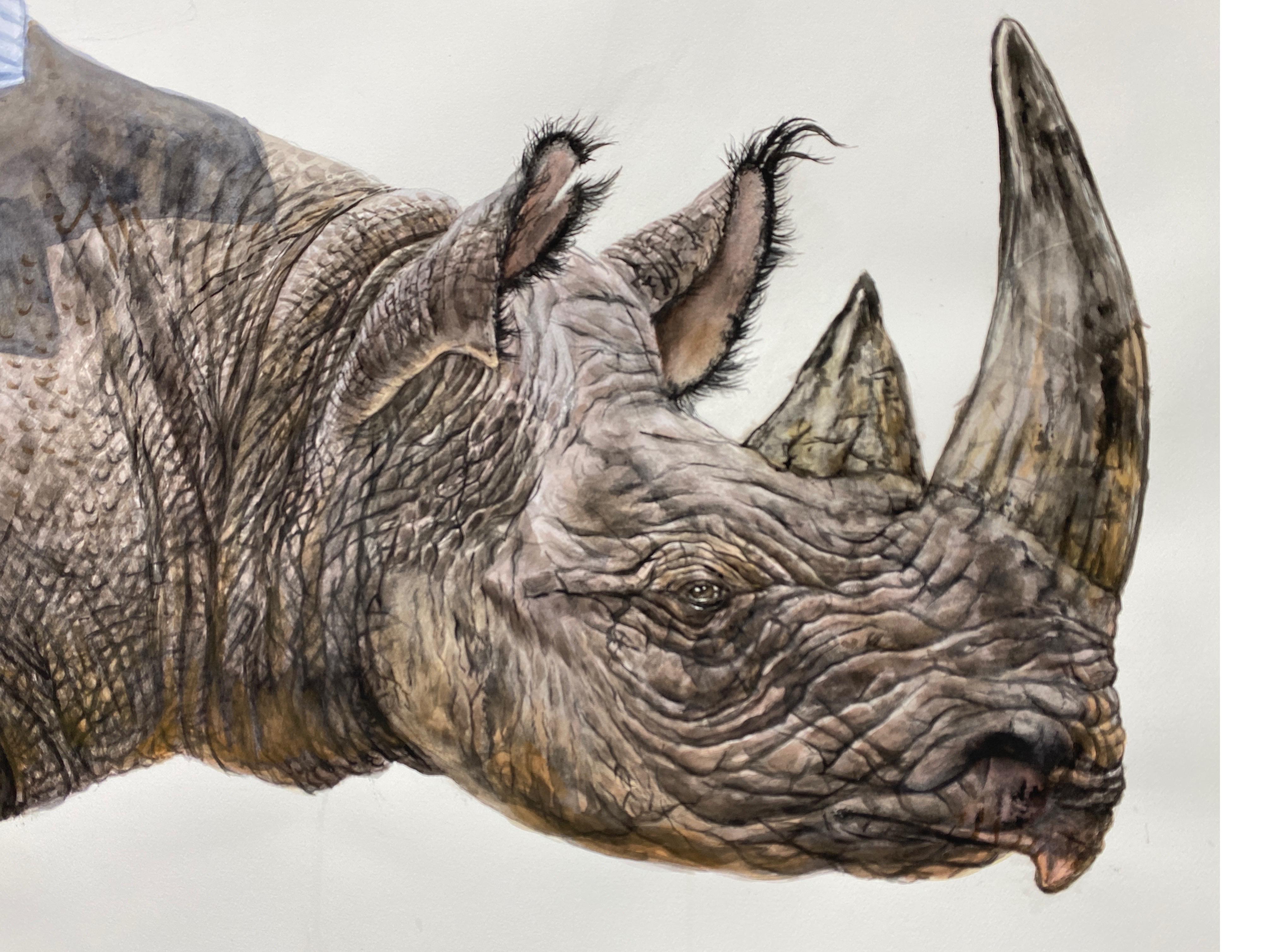 Zeitgenössisches surrealistisches, großformatiges Aquarellgemälde „Respite“ von Rhinoceros  – Painting von Thomas Broadbent