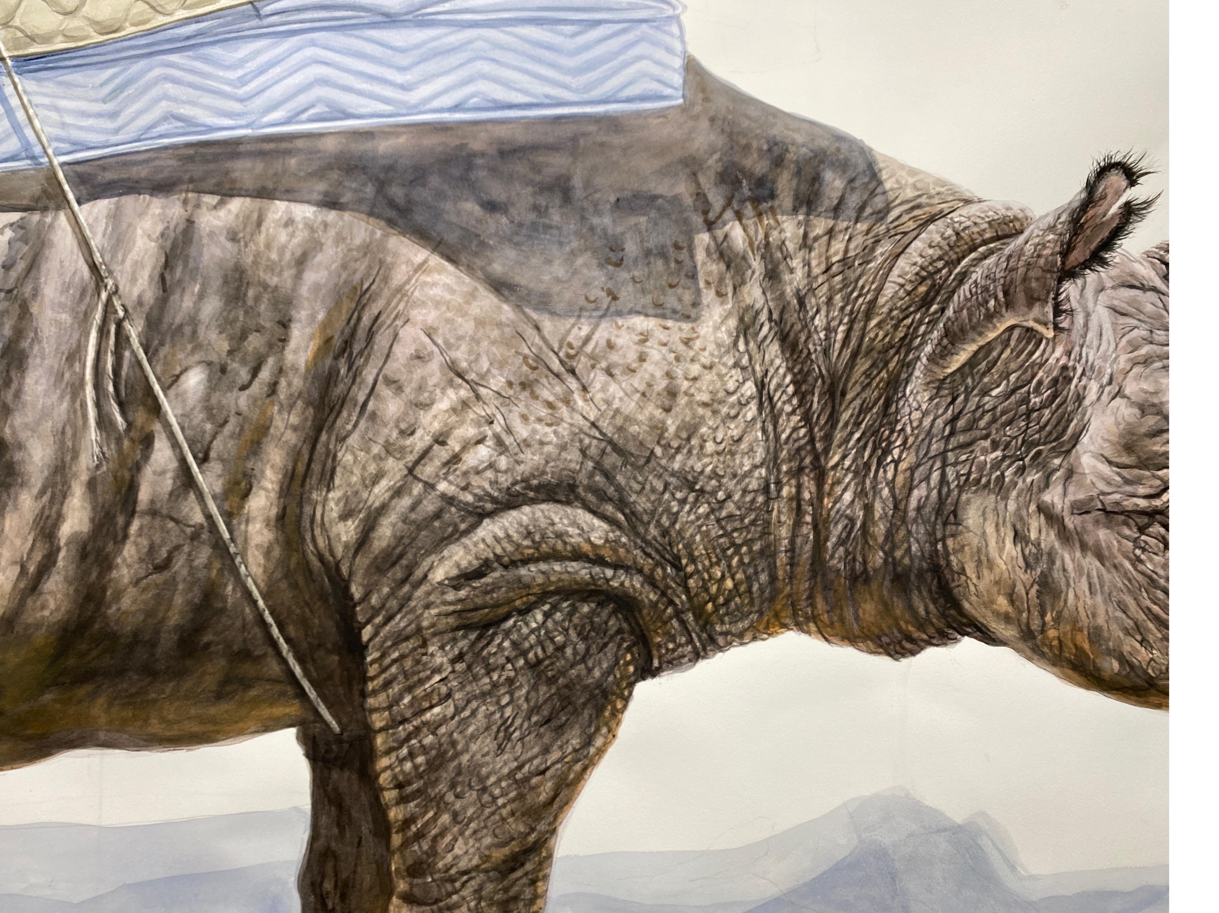 Zeitgenössisches surrealistisches, großformatiges Aquarellgemälde „Respite“ von Rhinoceros  im Angebot 3