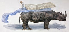 "Respite" Contemporary Surrealist large scale watercolor painting of Rhinoceros