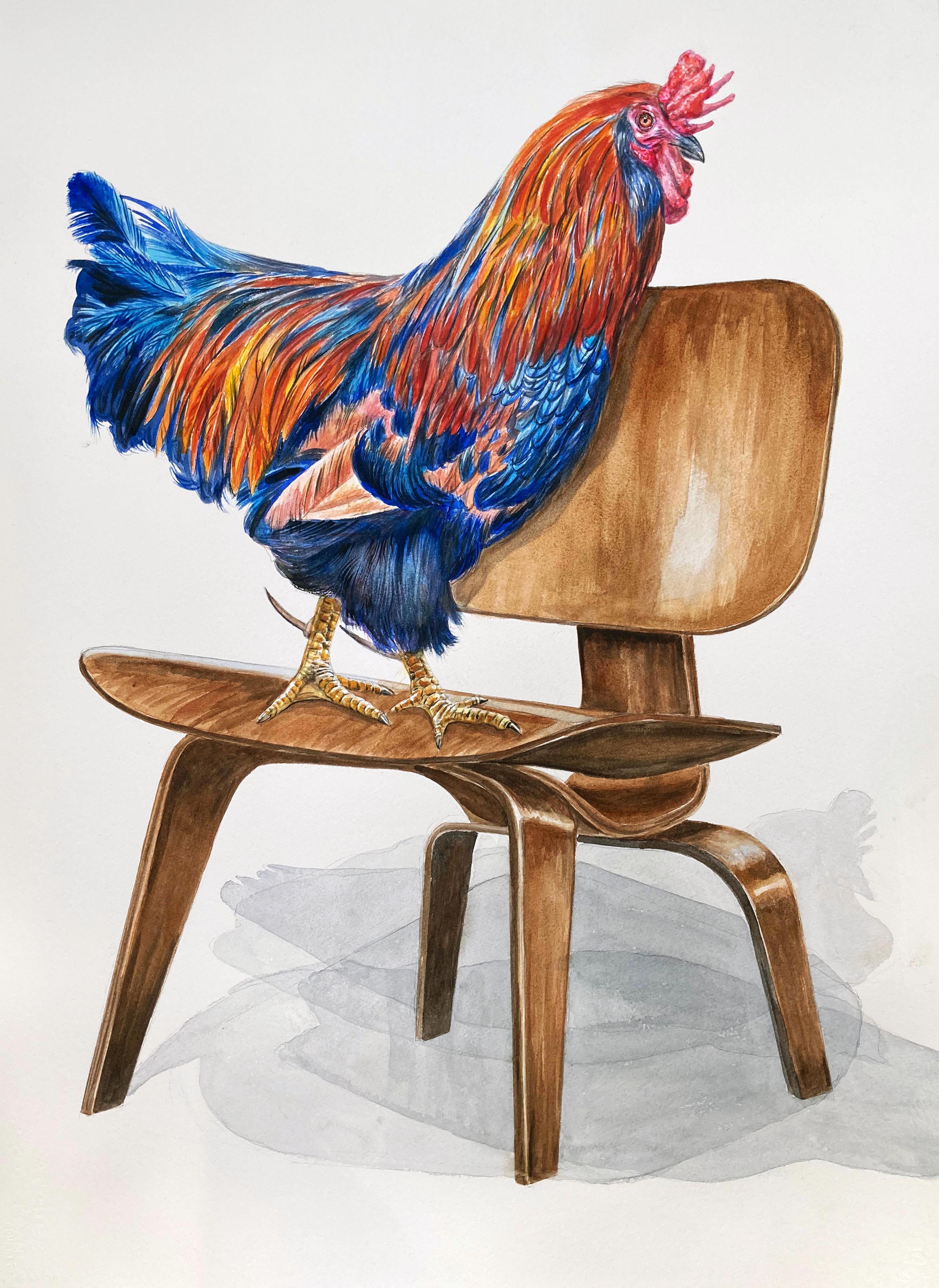 "Rooster on Chair" Colorful Gamecock on Modernist Bend Wood Chair, watercolor