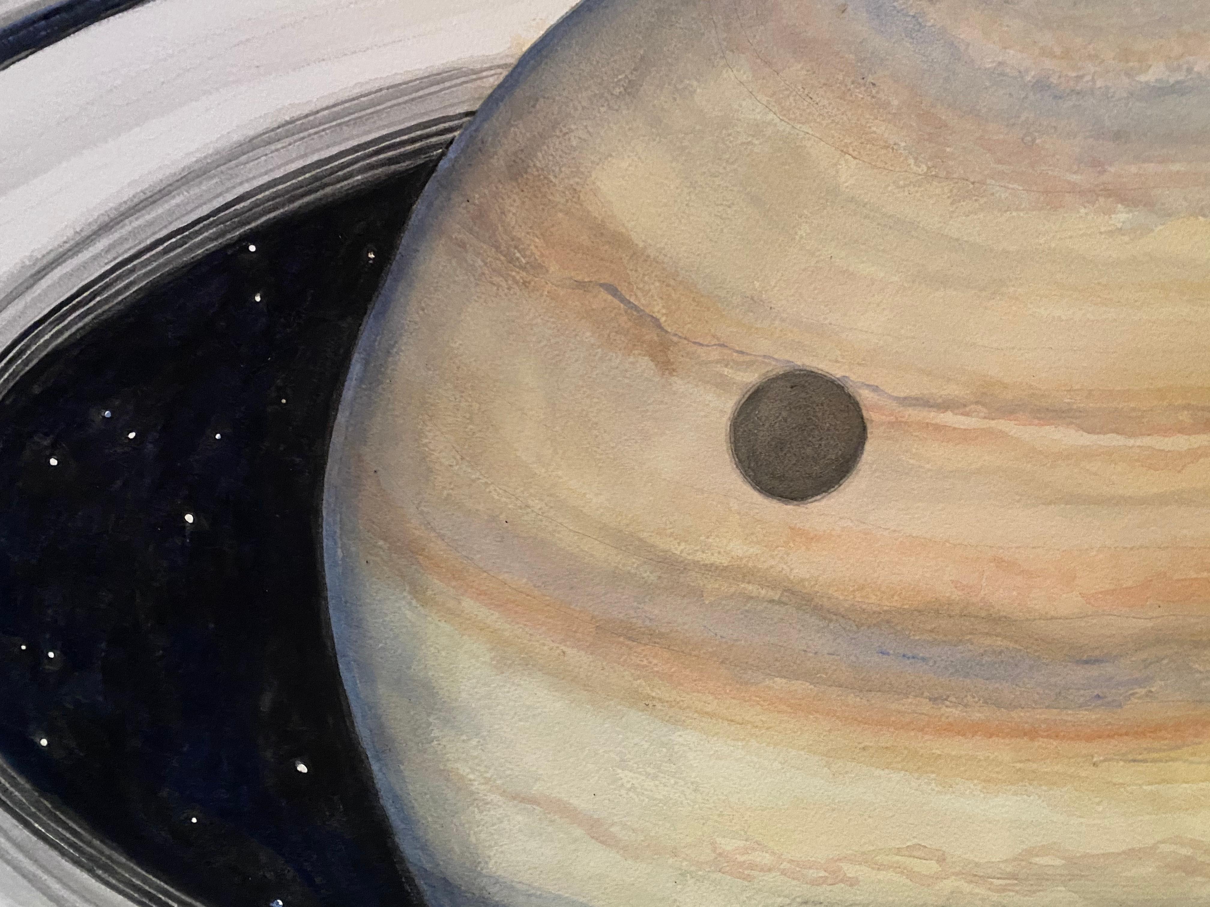 This large scale watercolor depiction of outer space features the planet Saturn and its moon Titan.  Composed and painted by the New York artist, Thomas Broadbent- this watercolor on paper creates a dramatic impression of these planetary bodies and