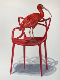 "Scarlet Ibis, Red Chair" Contemporary Surrealist Painting, red bird on chair