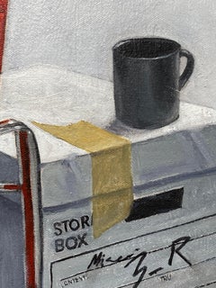 "The Break" vulture on red office chair contemporary surrealist oil painting