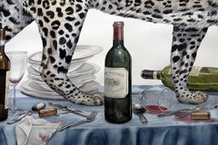 "The Dinner Party" large scale watercolor on paper- jaguar w/ bluebirds