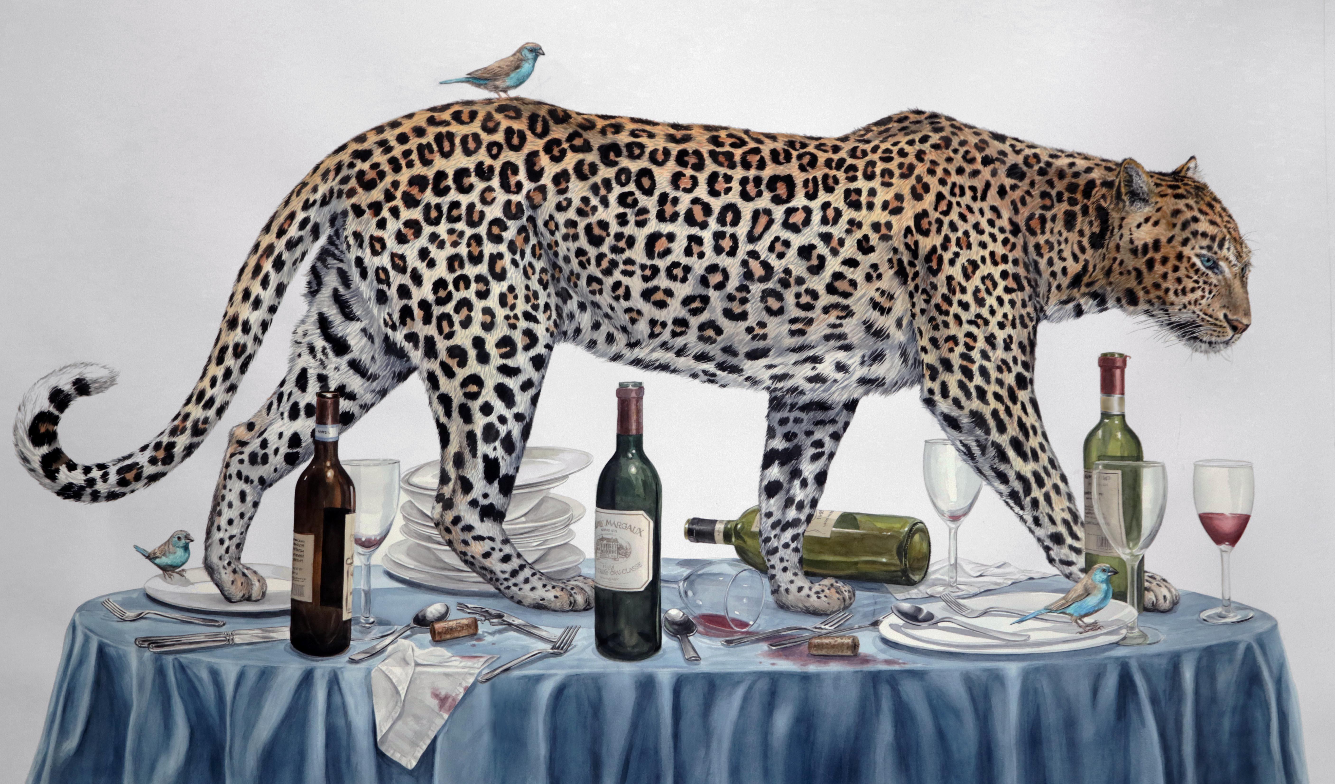 Thomas Broadbent Animal Art - "The Dinner Party" large scale watercolor on paper- jaguar w/ bluebirds