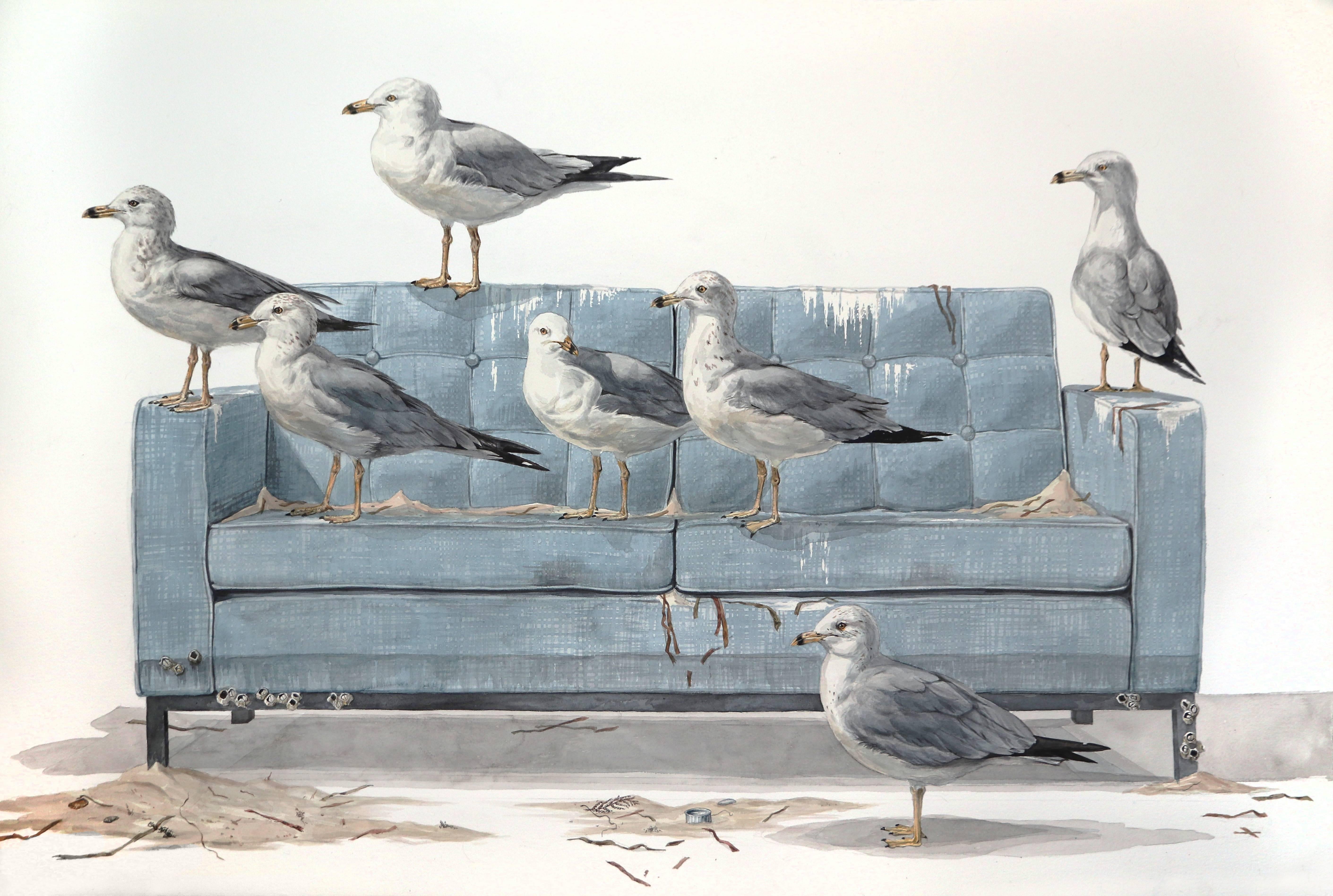 Thomas Broadbent Animal Painting - "The Flock" Large Scale Watercolor Painting, seagulls on couch
