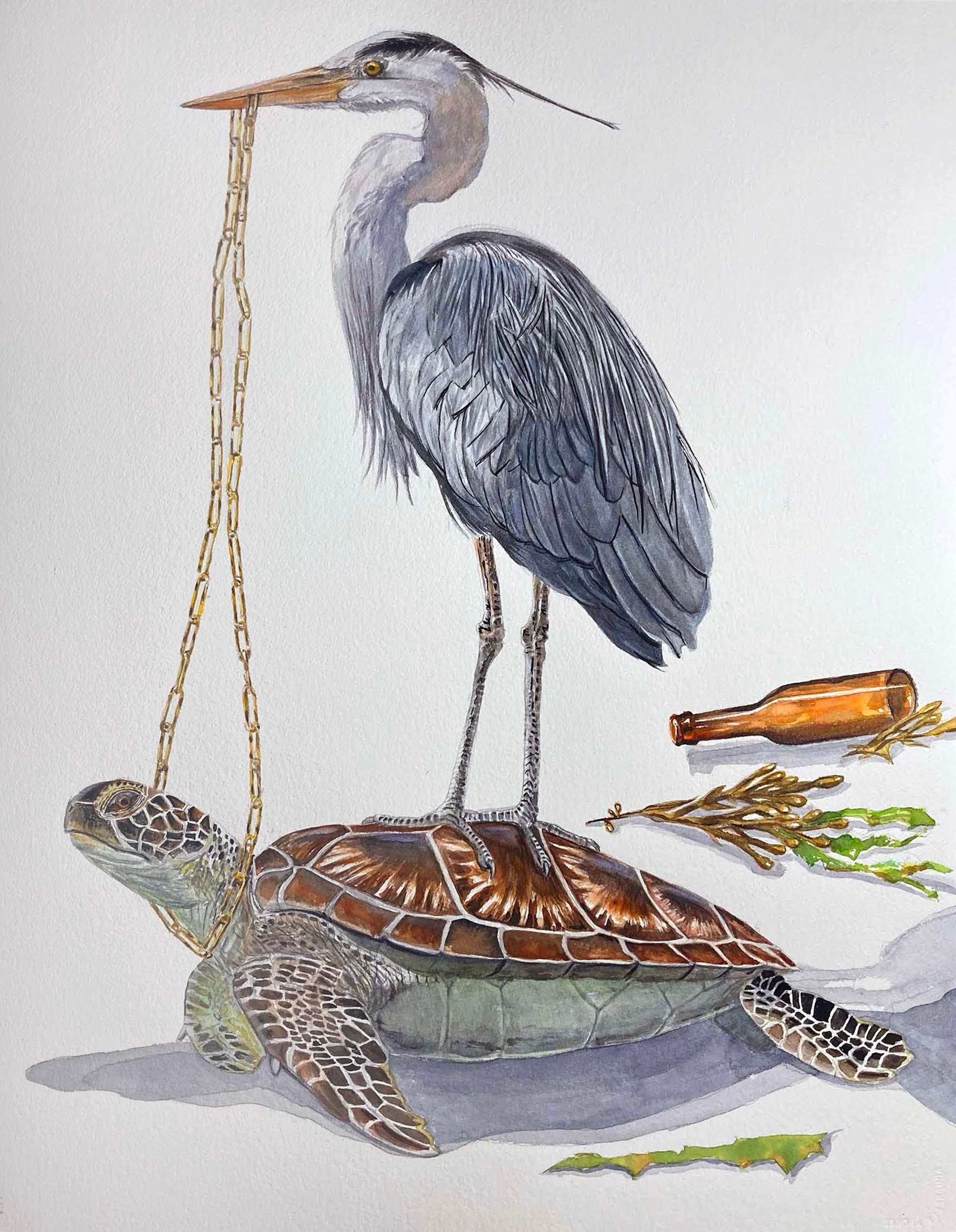 "The Golden Chain" contemporary surrealist animal painting, sea turtle and heron