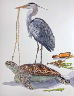 « The Golden Chain », peinture surréaliste contemporaine d'animaux, tortue et héron