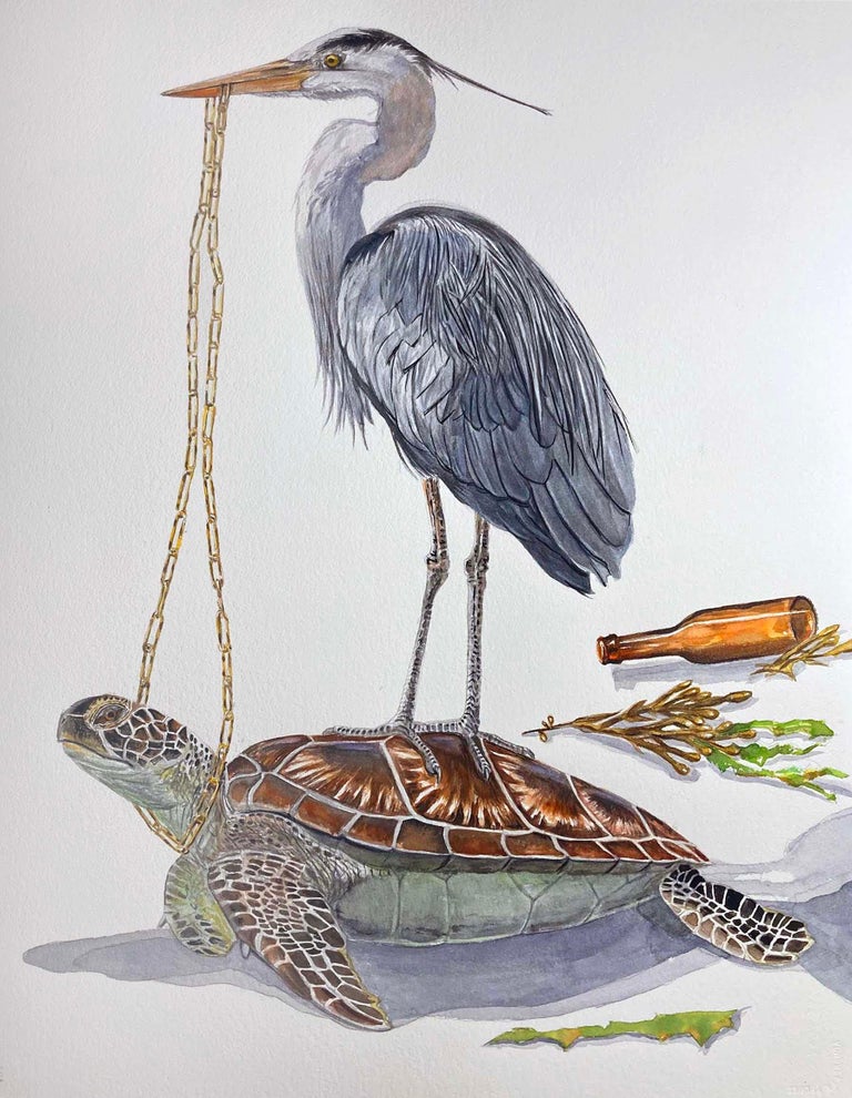Thomas Broadbent Animal Art - "The Golden Chain" contemporary surrealist animal painting, sea turtle and heron