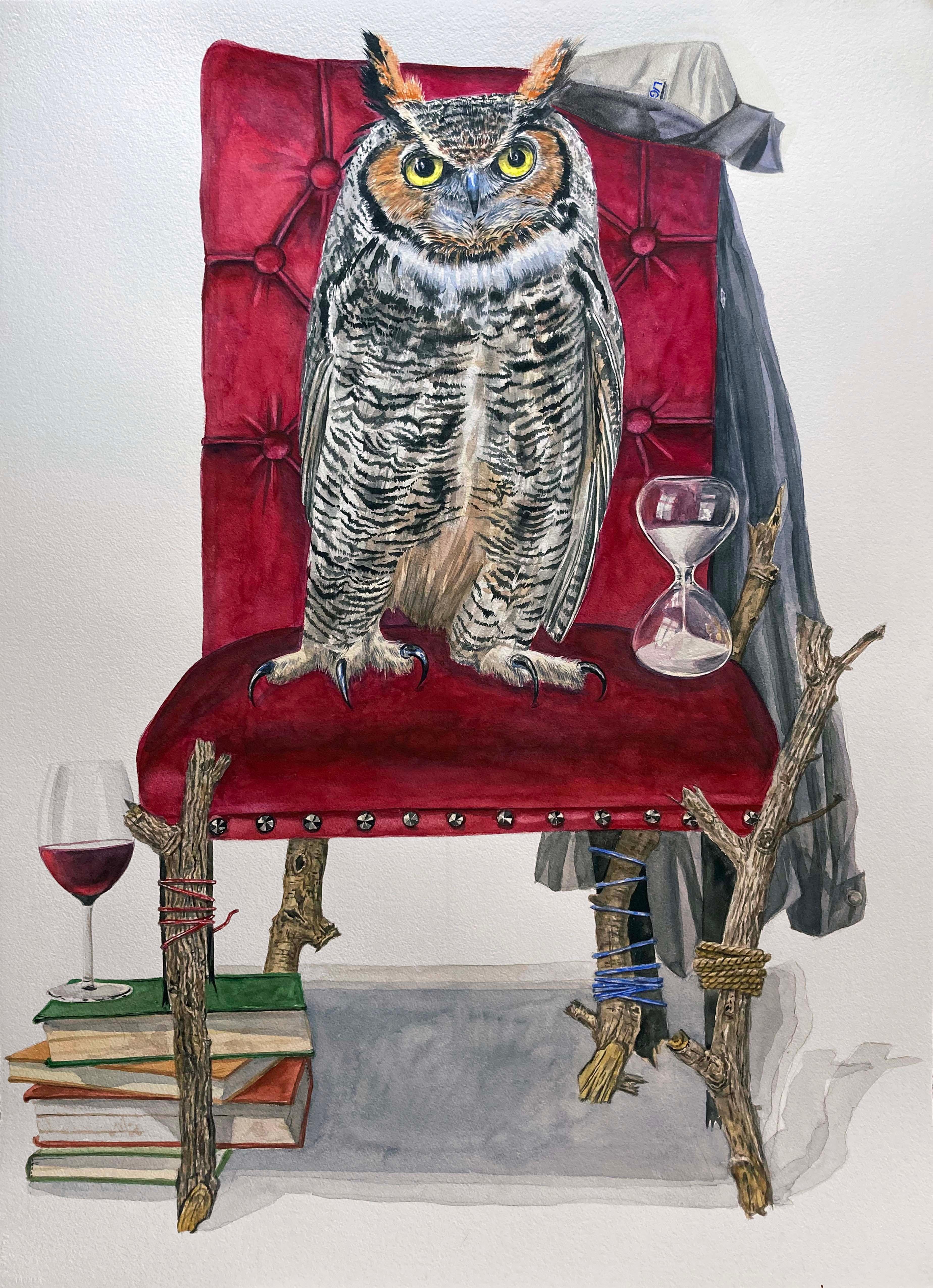 "The Hours" Animal Still Life, great horned owl, hourglass, red velvet chair