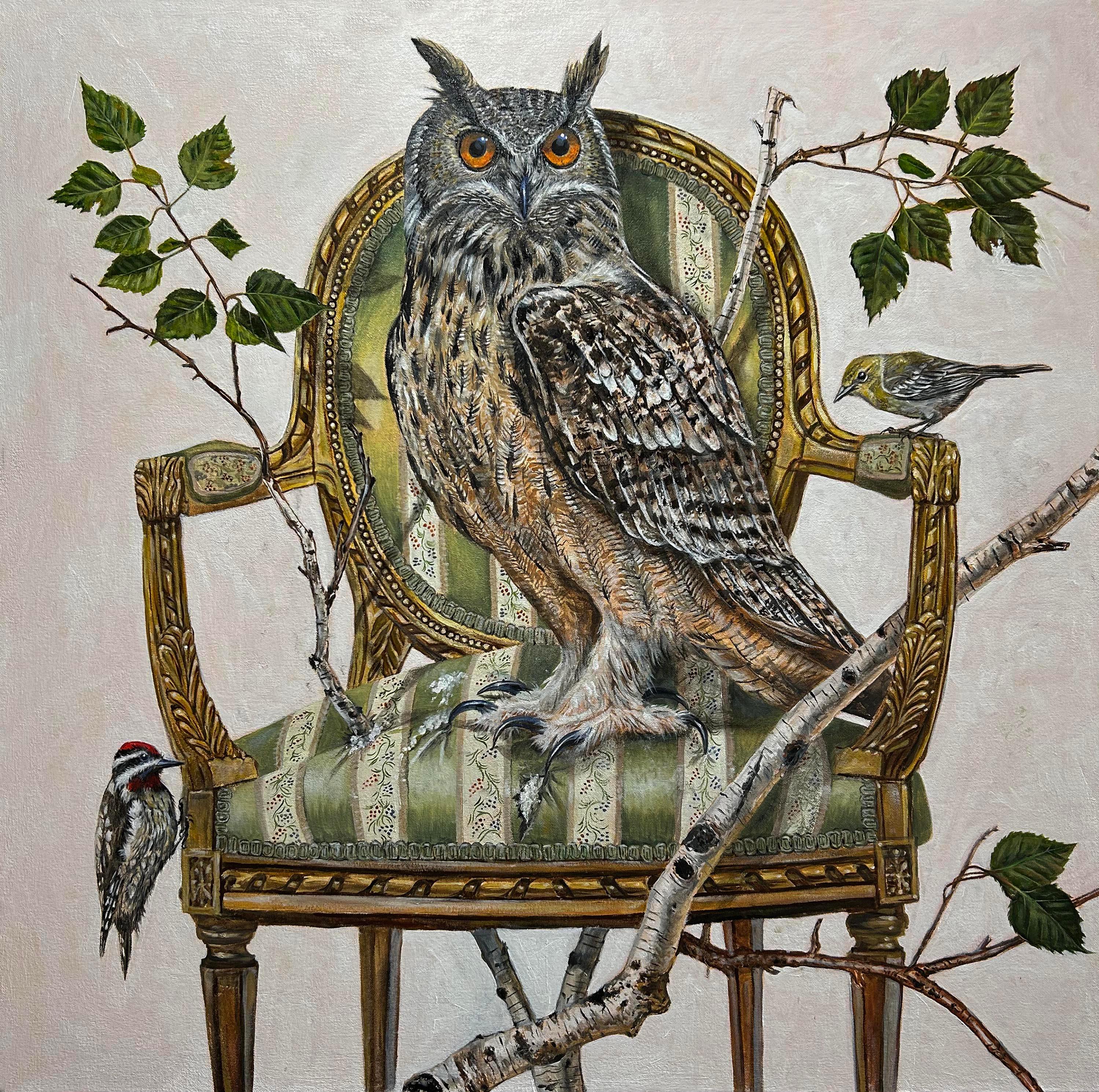 Thomas Broadbent Still-Life Painting - "The Perch" Flaco the owl painting, oil on canvas, contemporary surrealist 