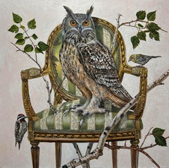 "The Perch" Flaco the owl painting, huile sur toile, surréaliste contemporain 