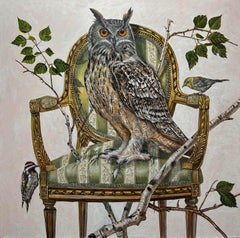 "The Perch" Flaco die Eule Gemälde, Öl auf Leinwand, zeitgenössische Surrealisten