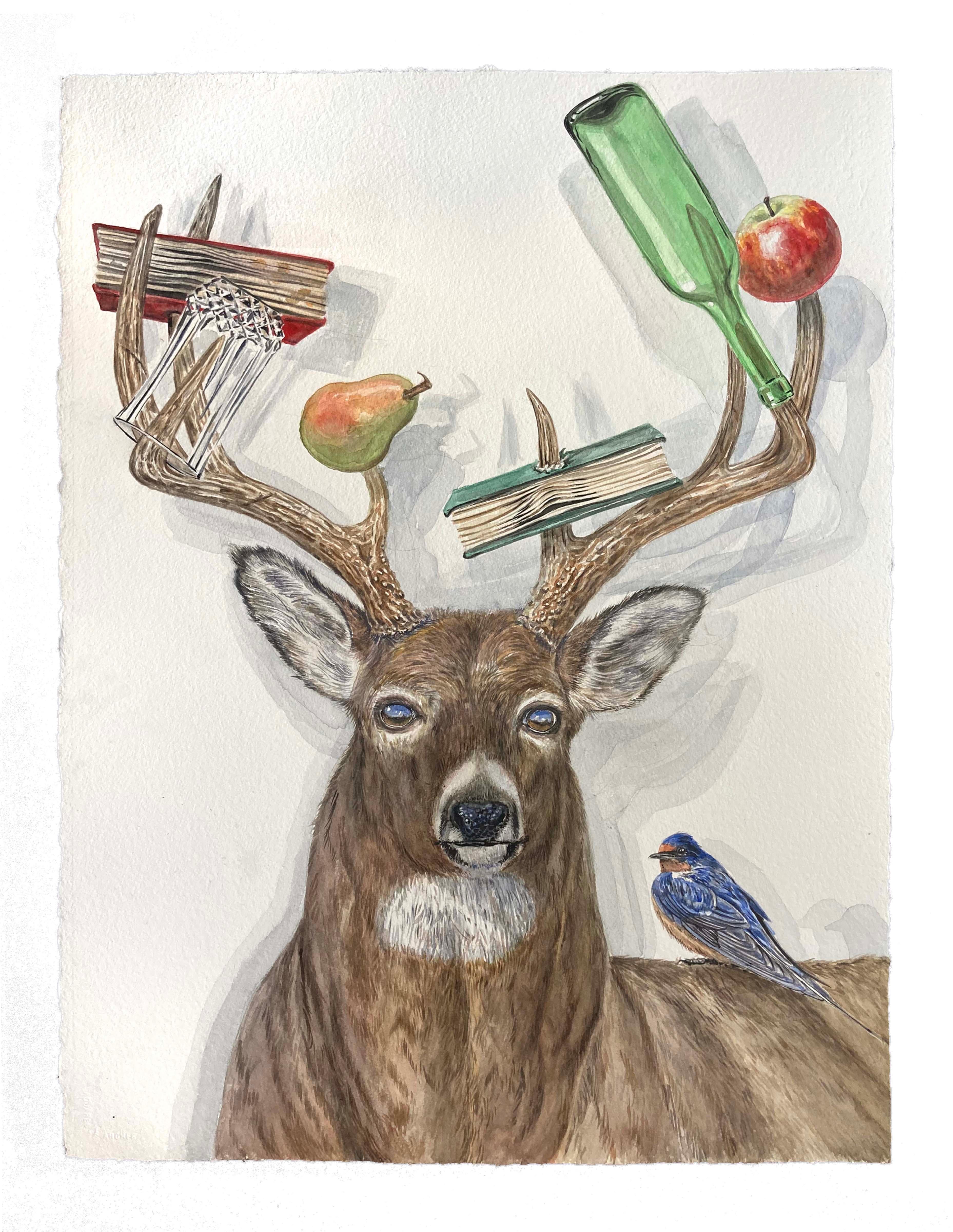 Thomas Broadbent Animal Art - "The Rack" Contemporary Surrealist Painting (deer bust)