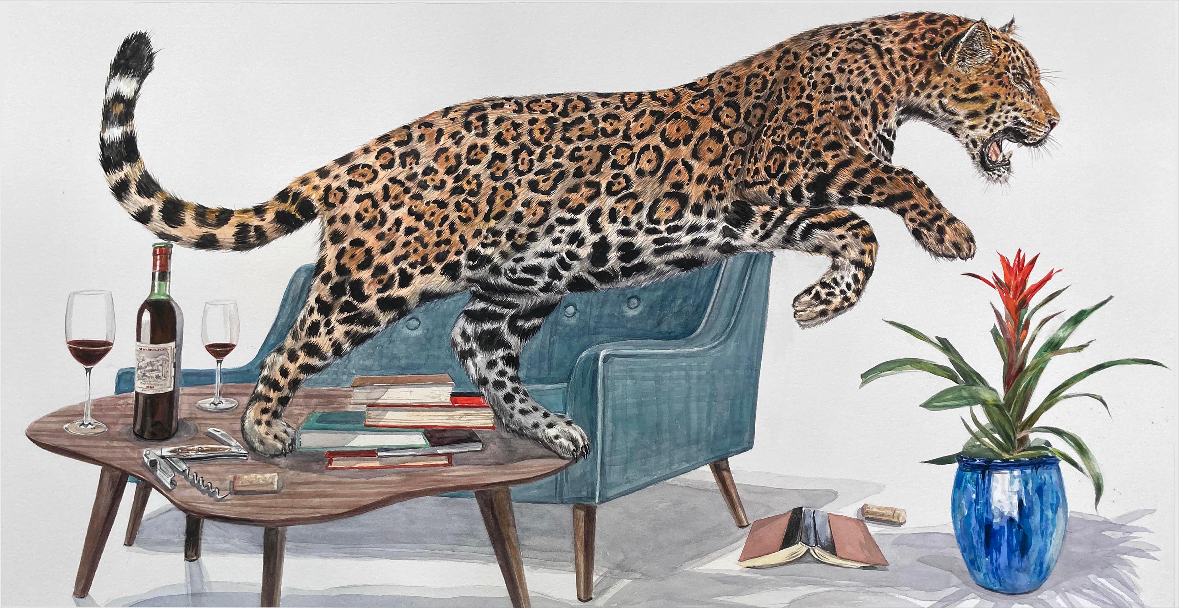 "The Toast" contemporary surrealist painting - jaguar leaps from modernist table