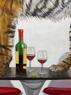 "The Visitor" Contemporary Surrealist Painting, tiger, books, Albers and fruit.