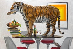 "The Visitor" Contemporary Surrealist Painting, tiger, books, Albers and fruit.