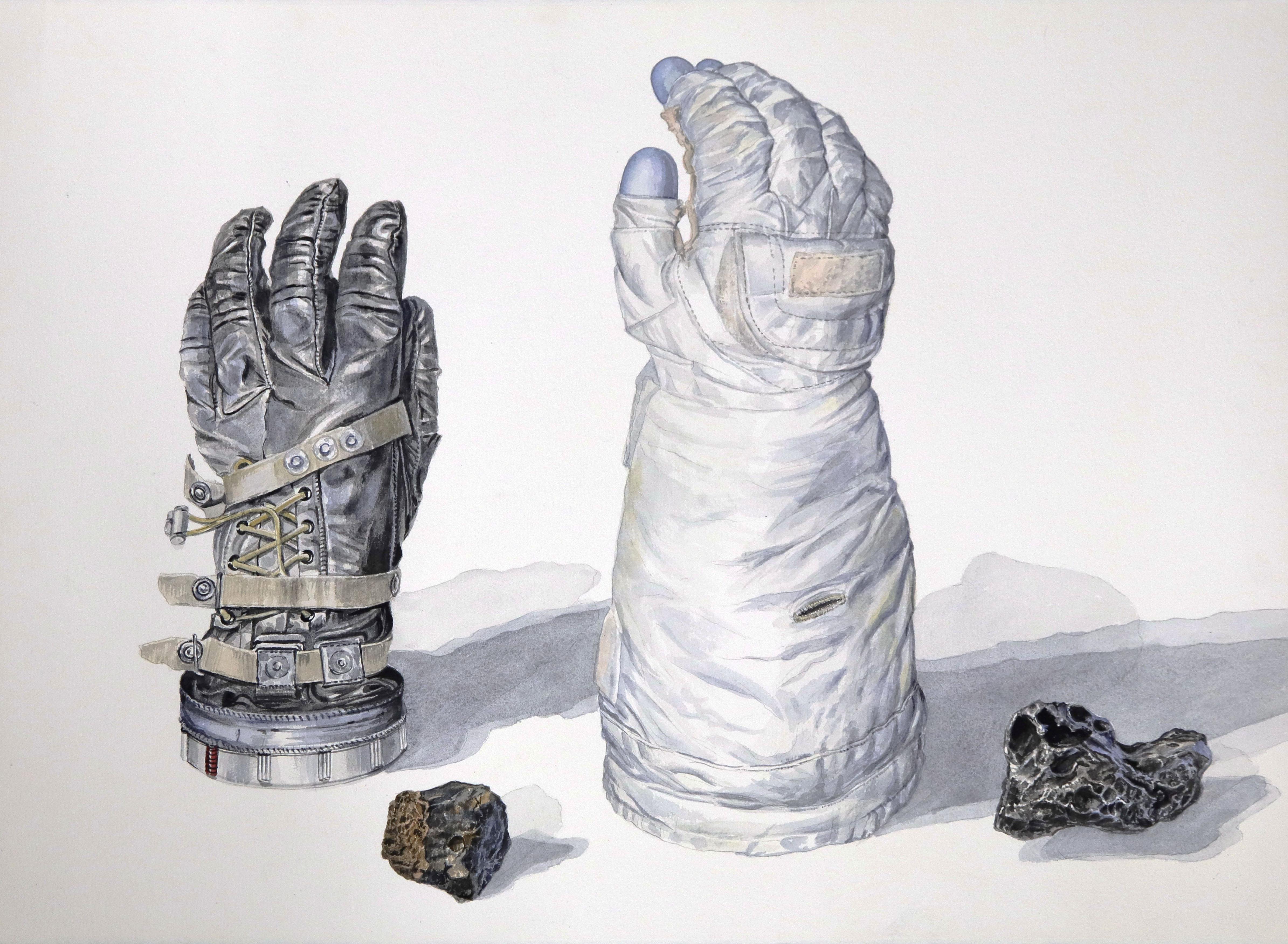 Thomas Broadbent Still-Life - Two Space Suit Gloves with Meteorites