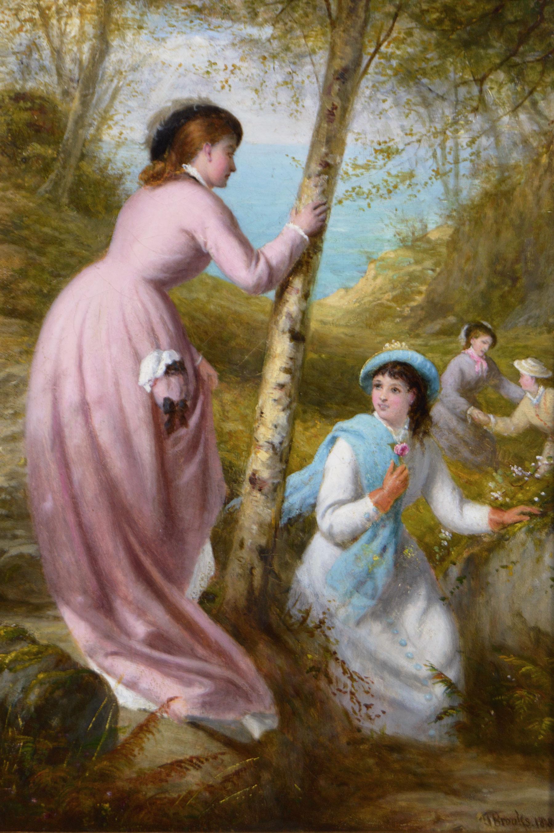Peinture à l'huile de genre et de paysage du 19e siècle représentant des femmes cueillant des fleurs - Painting de Thomas Brooks