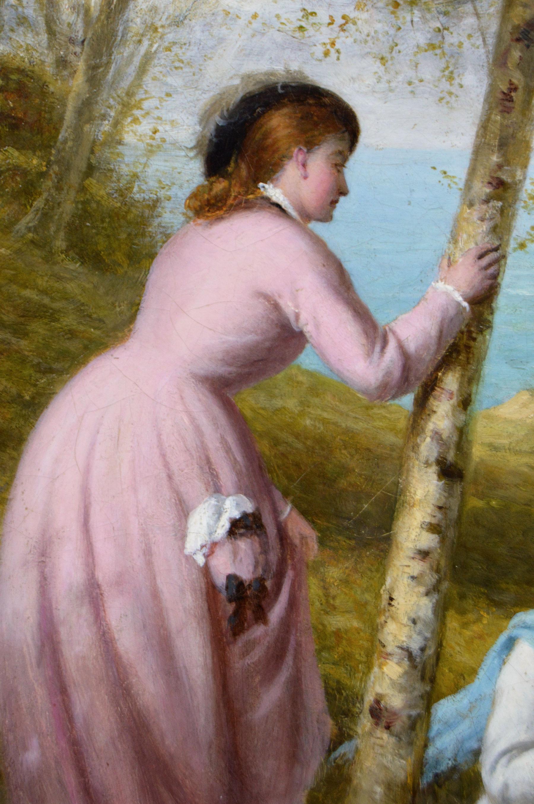 Peinture à l'huile de genre et de paysage du 19e siècle représentant des femmes cueillant des fleurs - Victorien Painting par Thomas Brooks